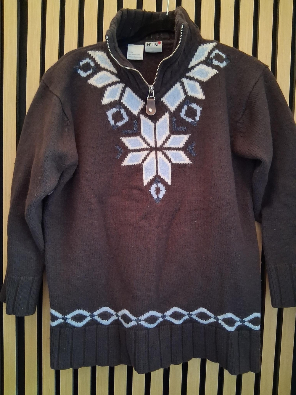 Women’s Brown Nordic Half-Zip Sweater with Light Blue Snowflake